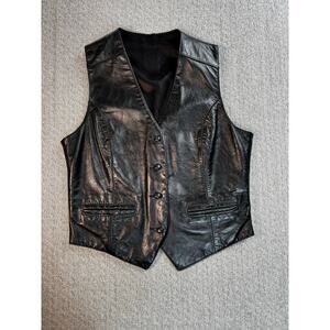 Vintage Leather Vest No Size Black Button Up Pointed Retro VTG Rodeo